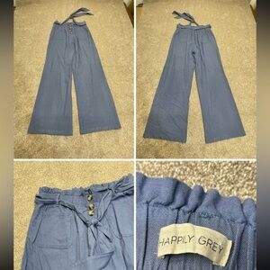 Happily gray womens pullon wide leg pants sz large blue linen blend lightweight